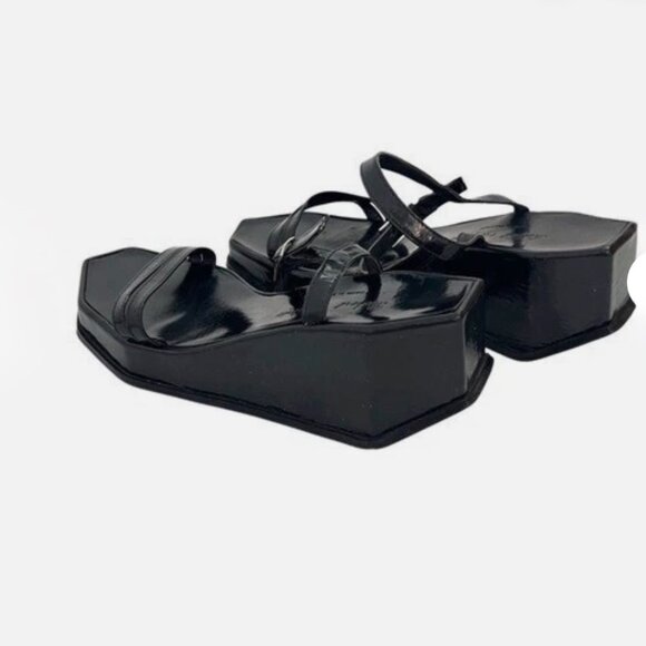 VTG 1990s Robert Clergerie Paris Black Patent Leather Platform Wedge Sandals 9b - Picture 2 of 11